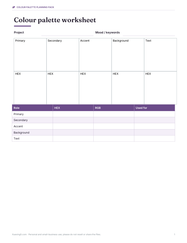 Preview of Printable Colour Palette Worksheet
